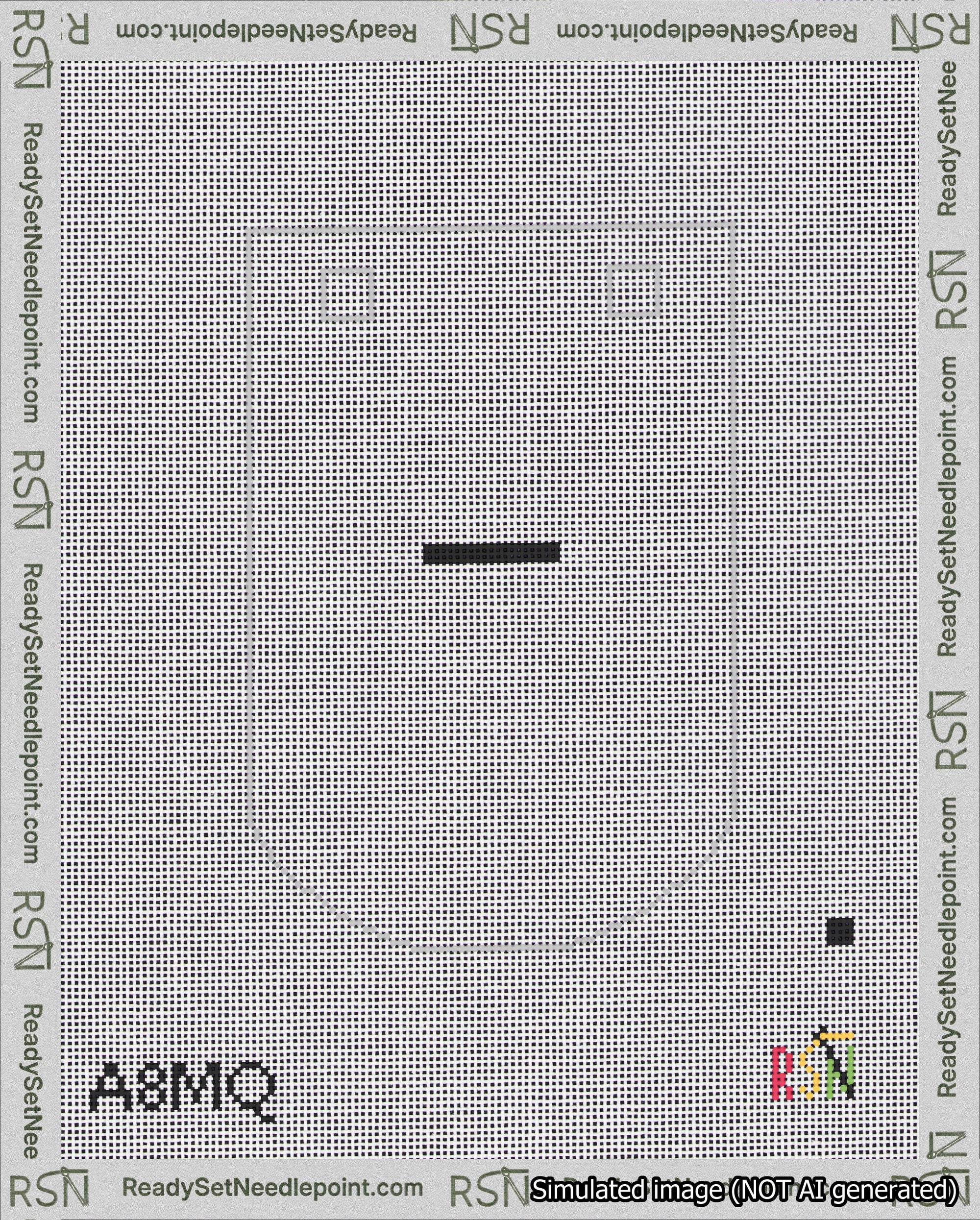 A taped needlepoint canvas with the design: Banner 18 mesh count Curved Dash Black on White.