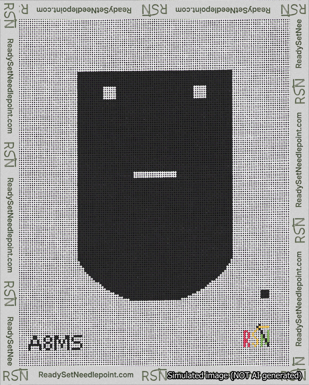 A taped needlepoint canvas with the design: Banner 18 mesh count Curved Dash White on Black.