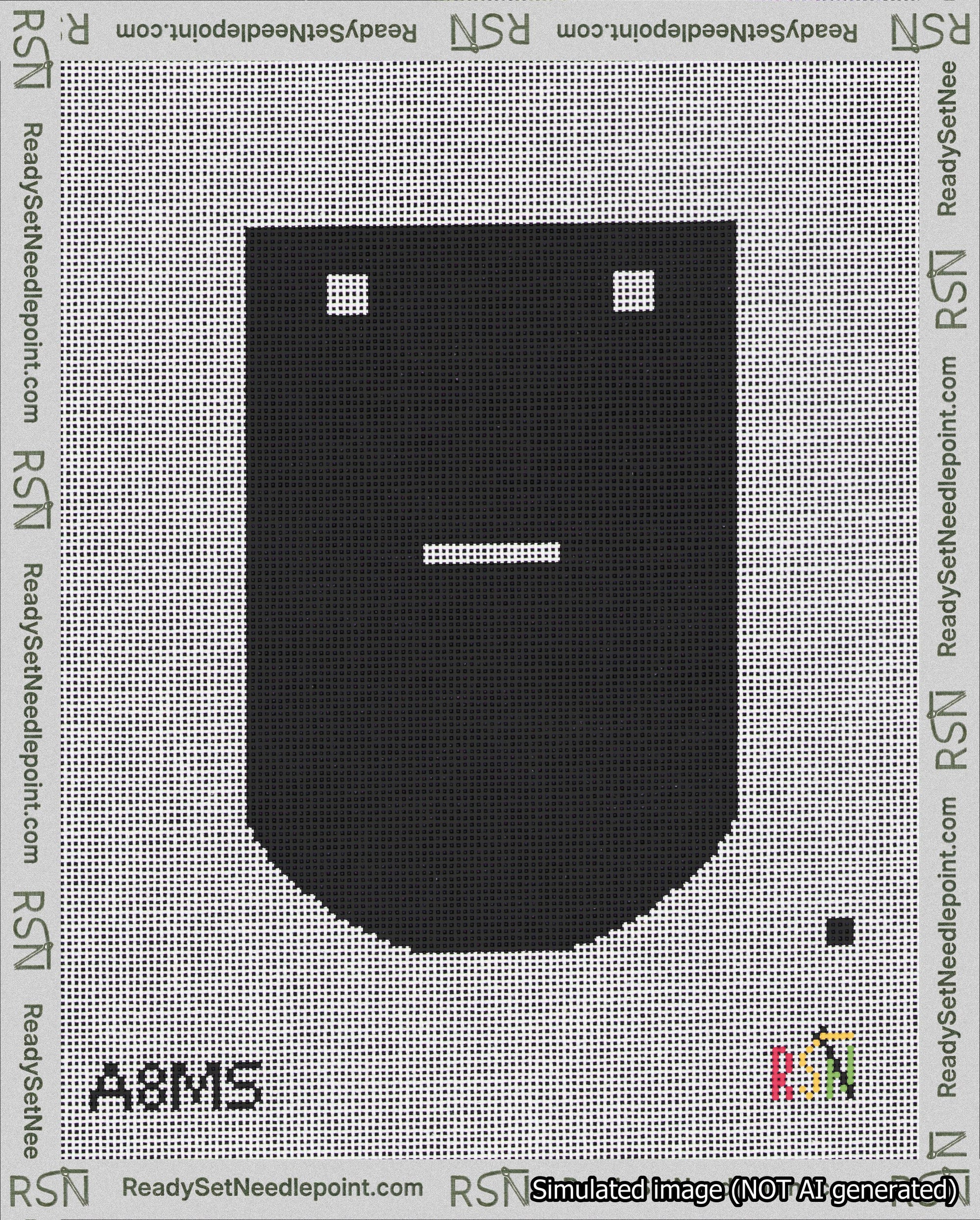 A taped needlepoint canvas with the design: Banner 18 mesh count Curved Dash White on Black.