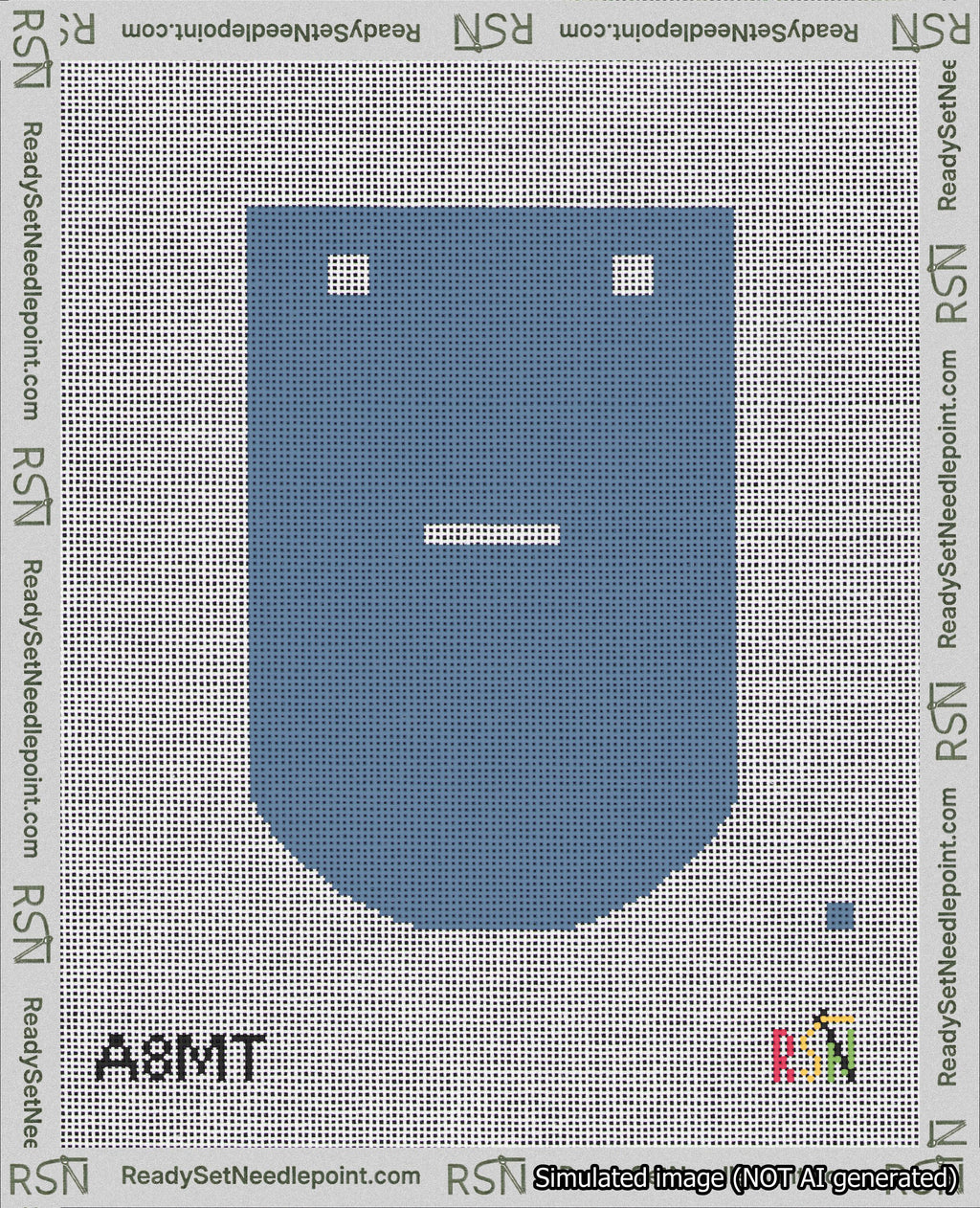 A taped needlepoint canvas with the design: Banner 18 mesh count Curved Dash White on Blue.