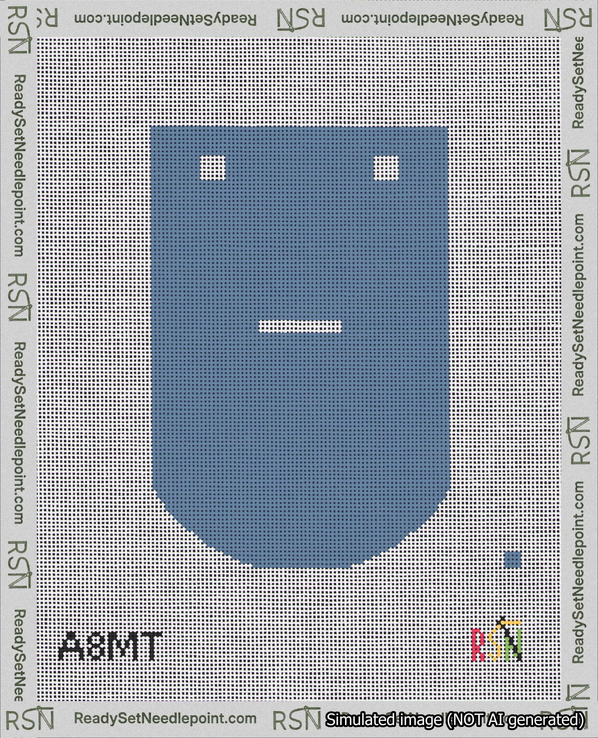 A taped needlepoint canvas with the design: Banner 18 mesh count Curved Dash White on Blue.