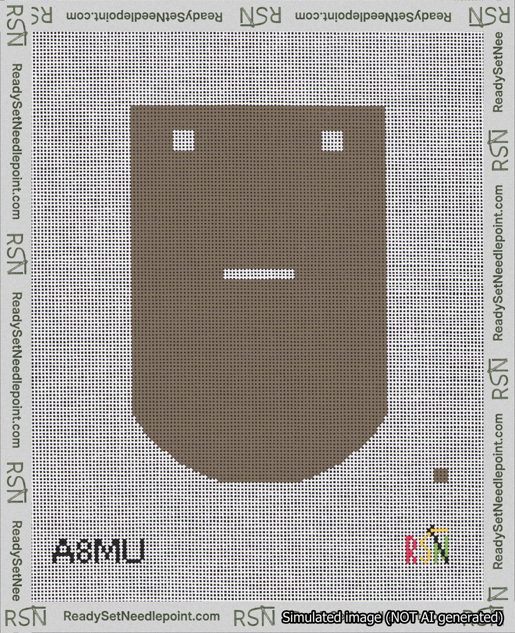 A taped needlepoint canvas with the design: Banner 18 mesh count Curved Dash White on Brown.