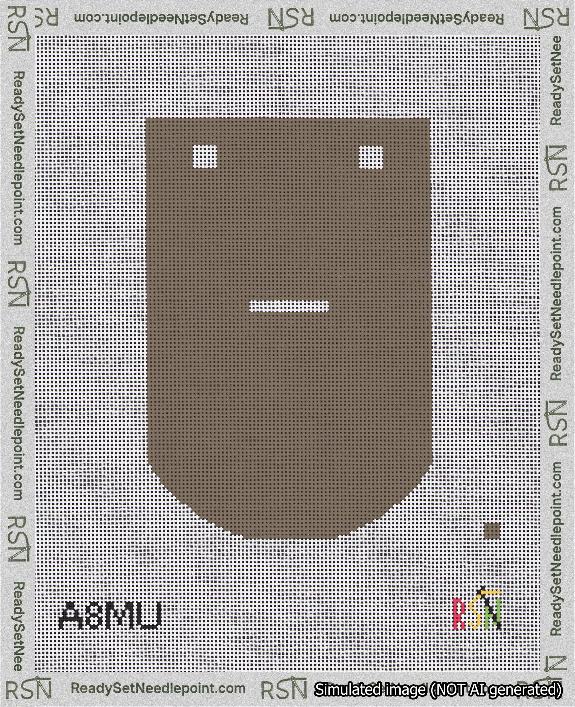 A taped needlepoint canvas with the design: Banner 18 mesh count Curved Dash White on Brown.