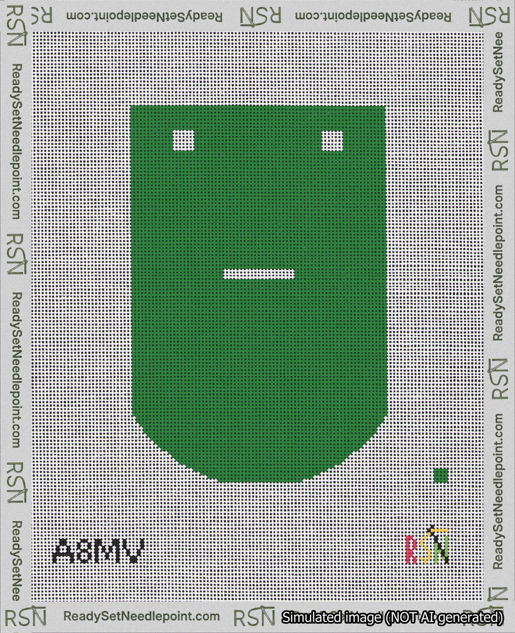 A taped needlepoint canvas with the design: Banner 18 mesh count Curved Dash White on Green.