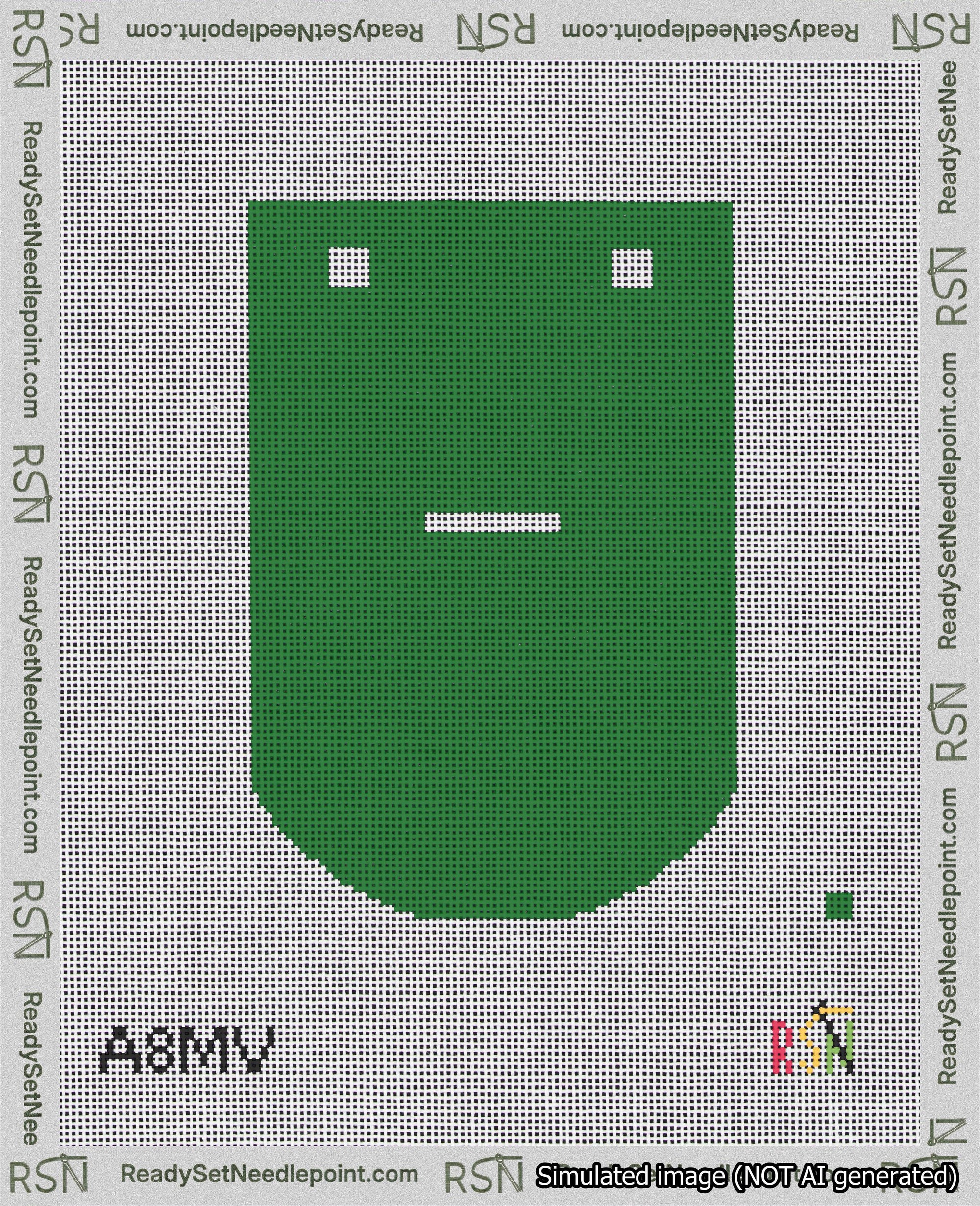 A taped needlepoint canvas with the design: Banner 18 mesh count Curved Dash White on Green.