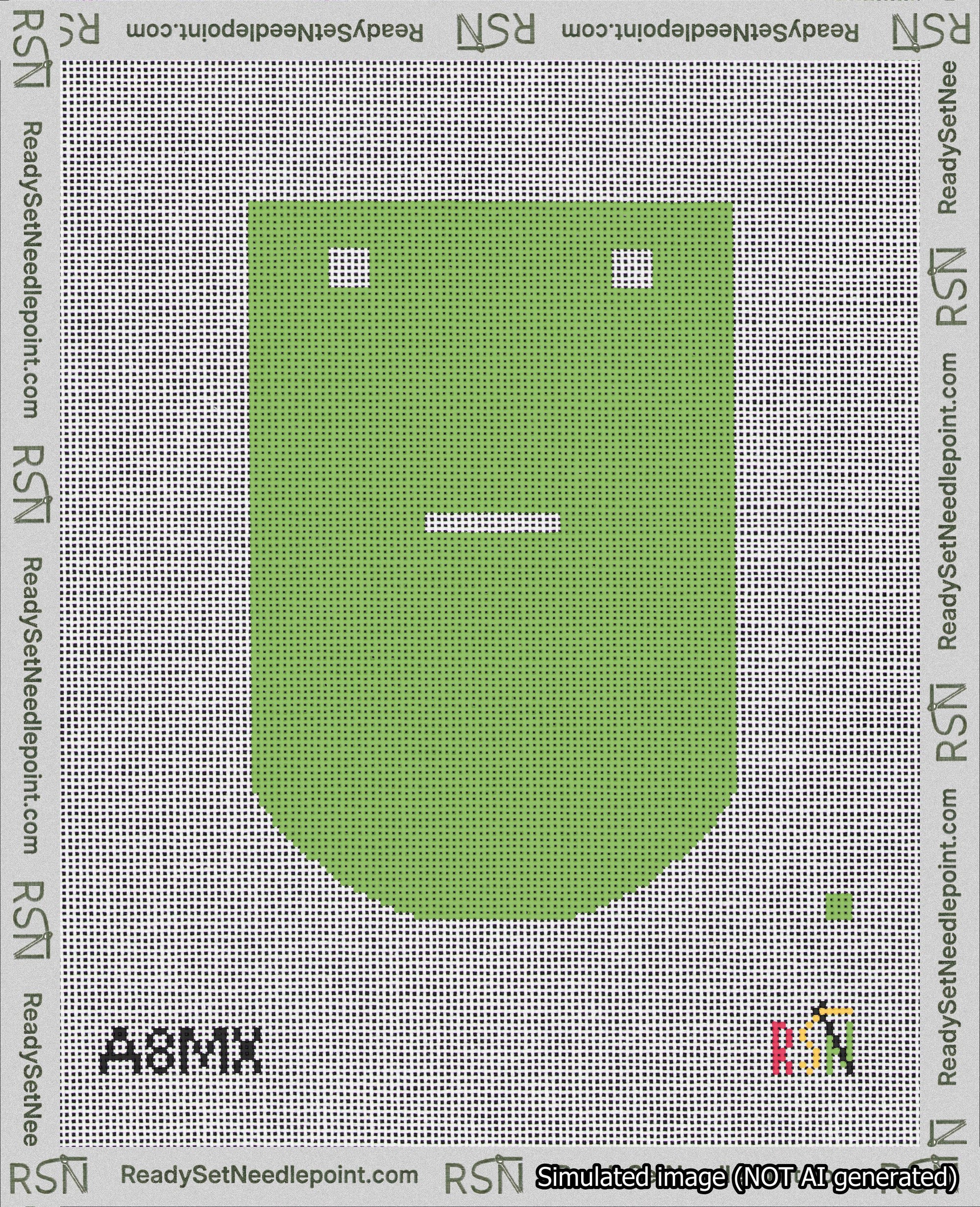 A taped needlepoint canvas with the design: Banner 18 mesh count Curved Dash White on Light Green.