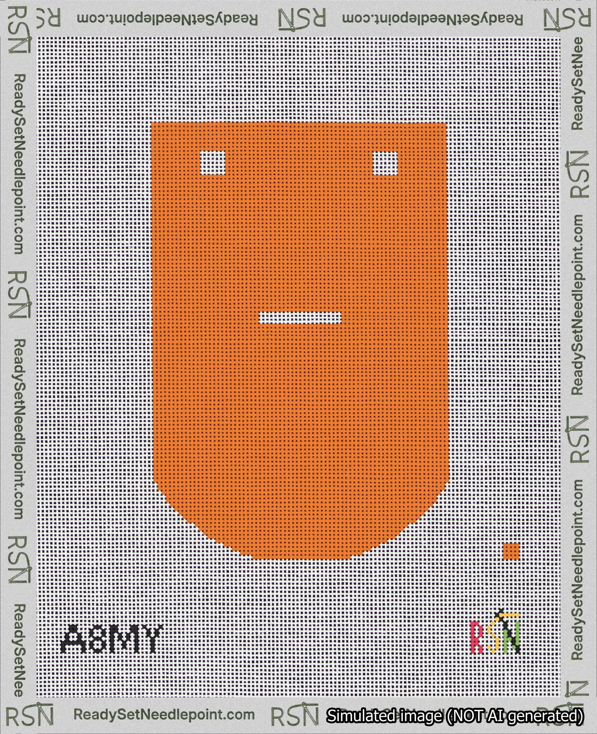 A taped needlepoint canvas with the design: Banner 18 mesh count Curved Dash White on Orange.