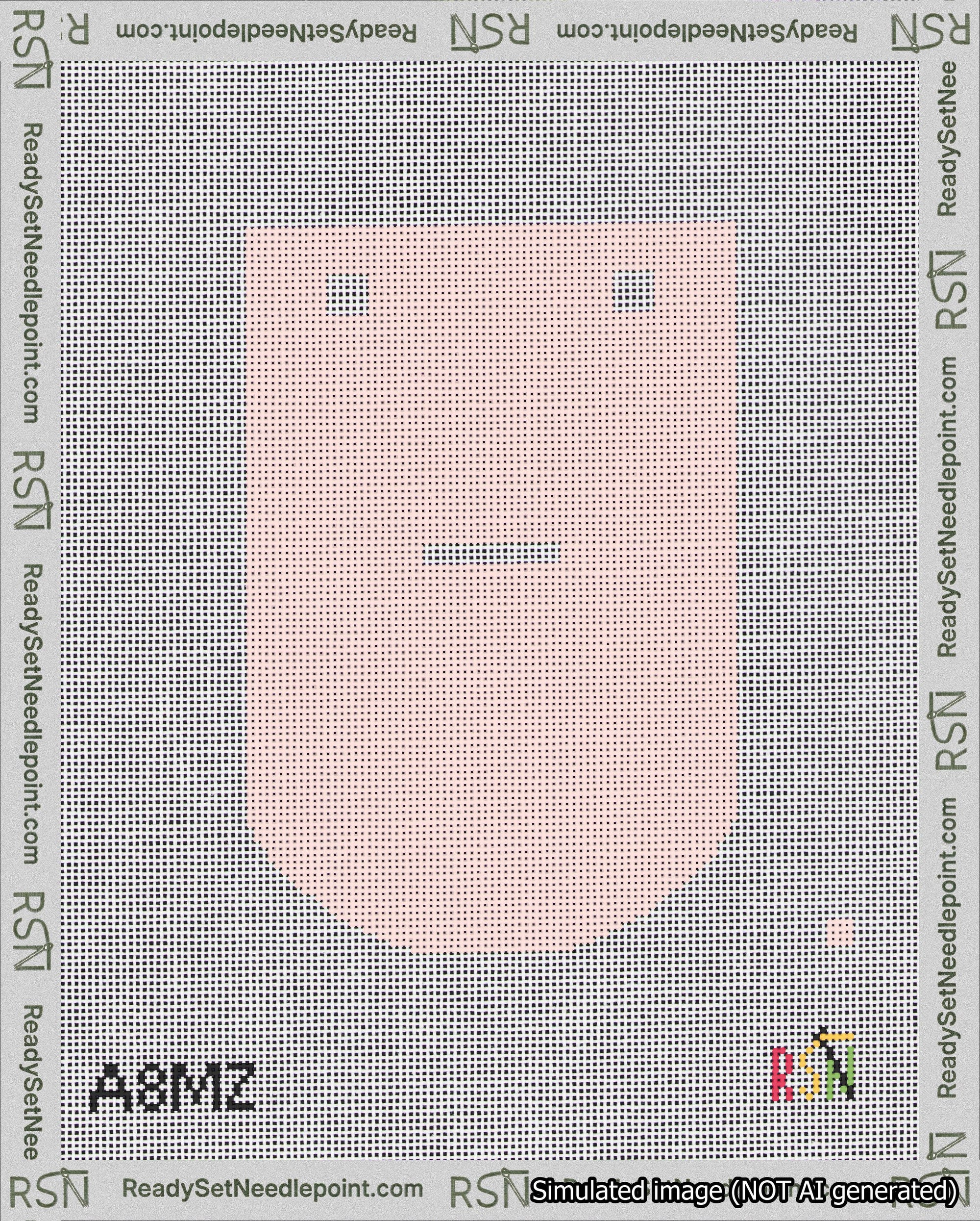A taped needlepoint canvas with the design: Banner 18 mesh count Curved Dash White on Pink.