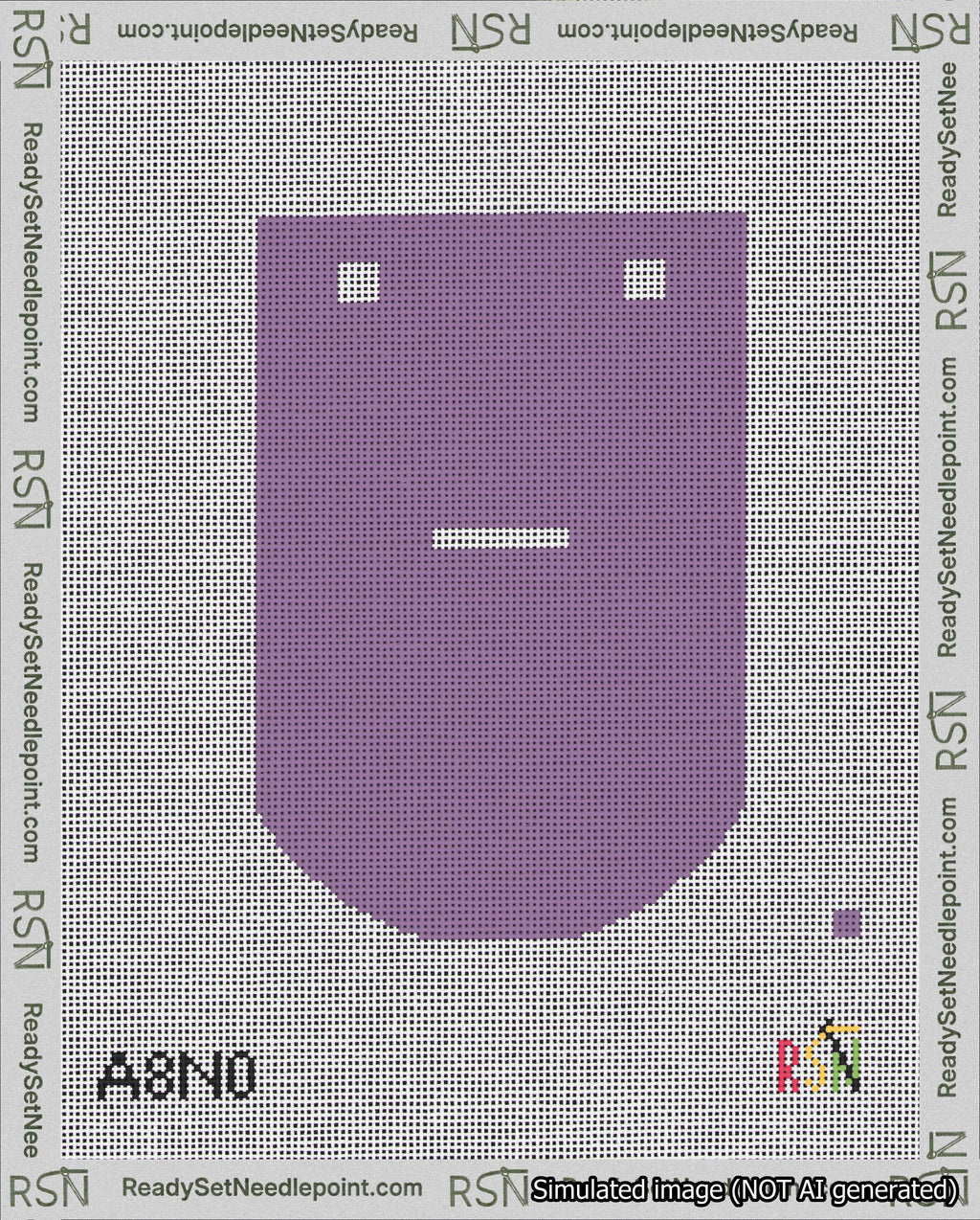 A taped needlepoint canvas with the design: Banner 18 mesh count Curved Dash White on Purple.