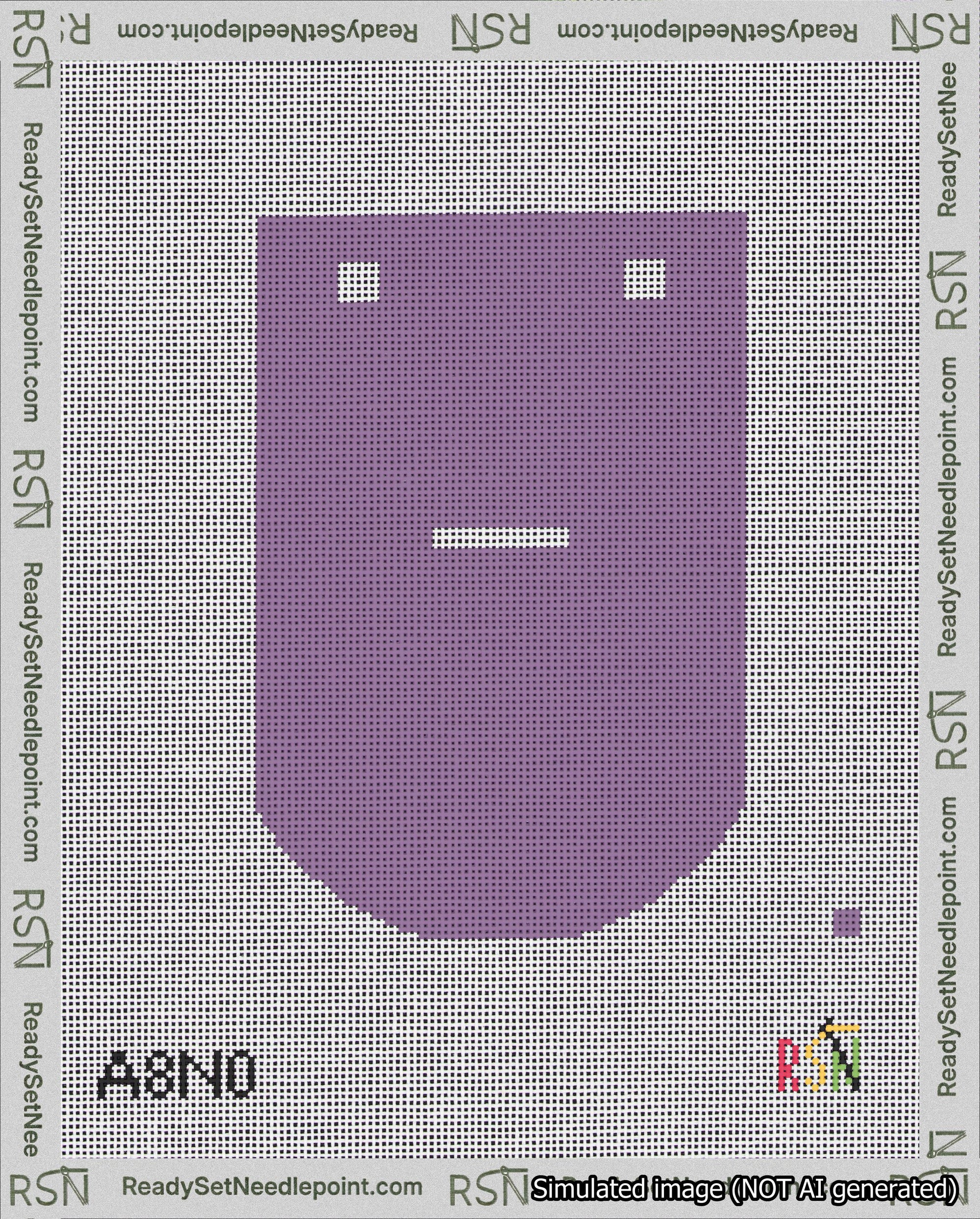 A taped needlepoint canvas with the design: Banner 18 mesh count Curved Dash White on Purple.