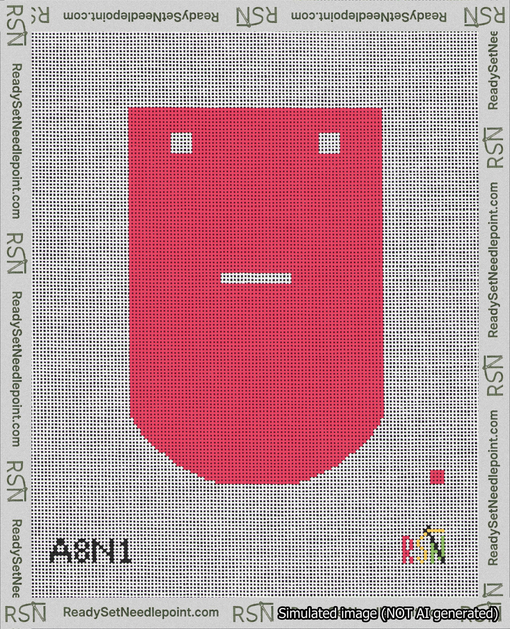 A taped needlepoint canvas with the design: Banner 18 mesh count Curved Dash White on Red.