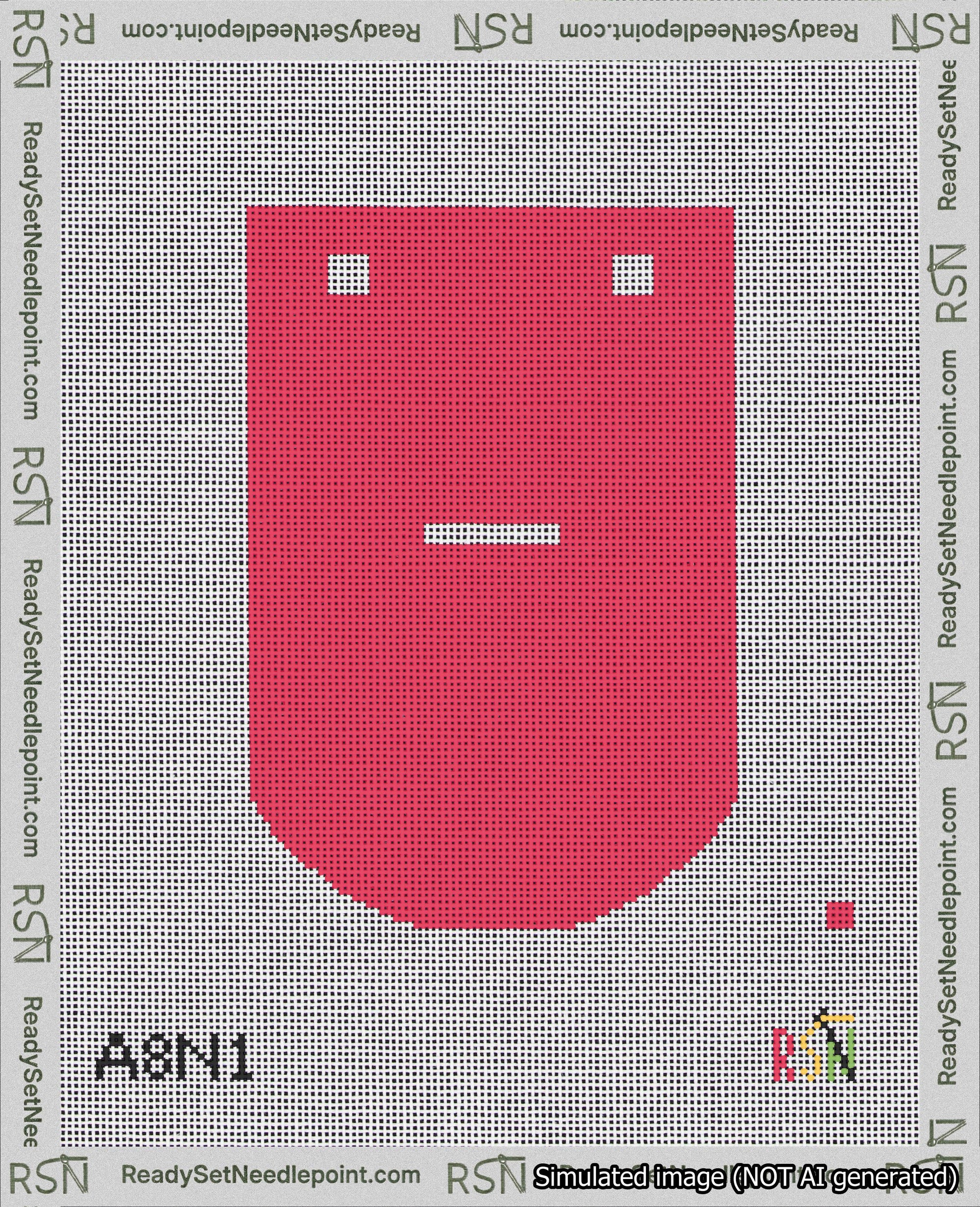 A taped needlepoint canvas with the design: Banner 18 mesh count Curved Dash White on Red.