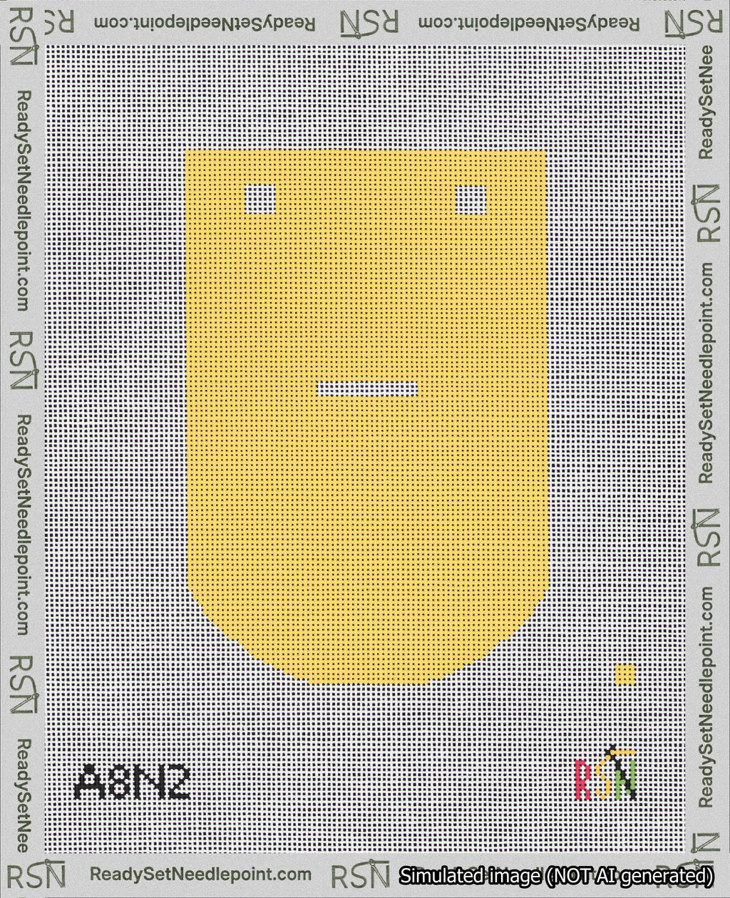 A taped needlepoint canvas with the design: Banner 18 mesh count Curved Dash White on Yellow.