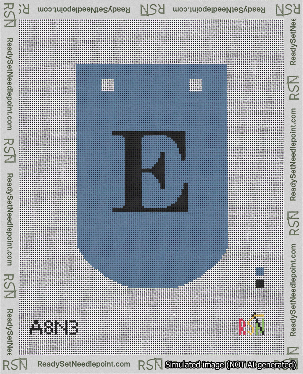 A taped needlepoint canvas with the design: Banner 18 mesh count Curved E Black on Blue.