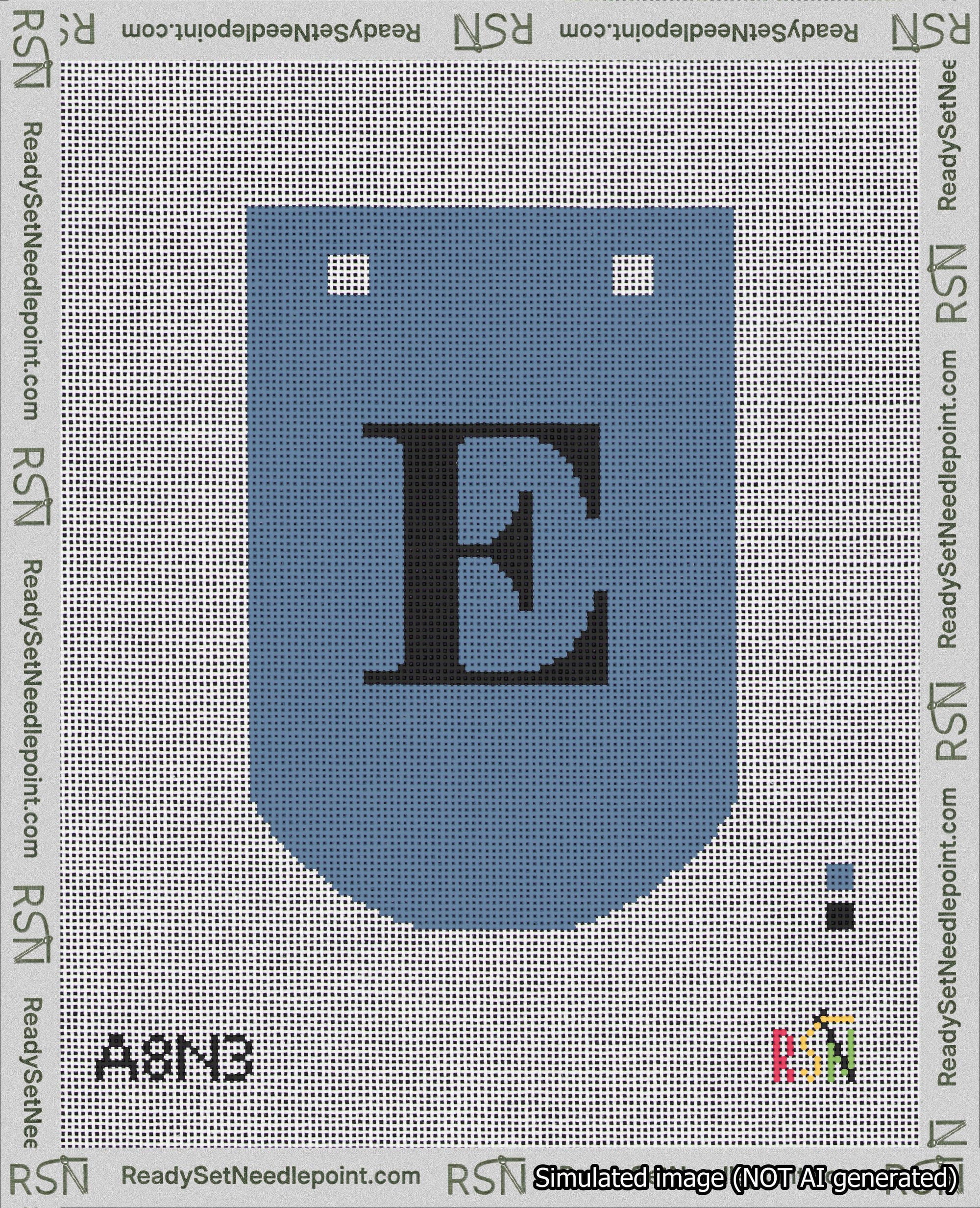A taped needlepoint canvas with the design: Banner 18 mesh count Curved E Black on Blue.