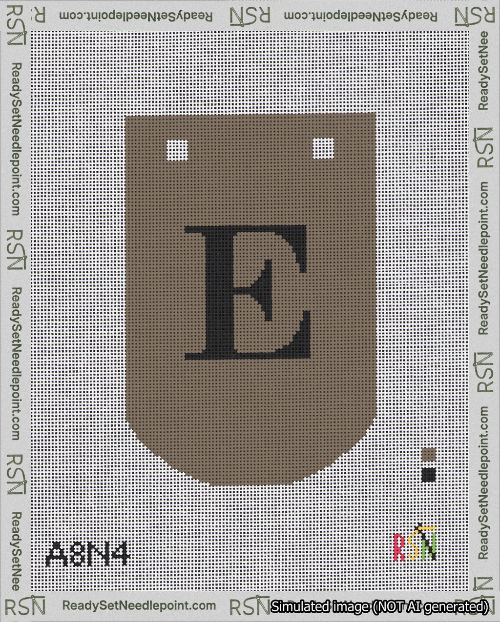 A taped needlepoint canvas with the design: Banner 18 mesh count Curved E Black on Brown.