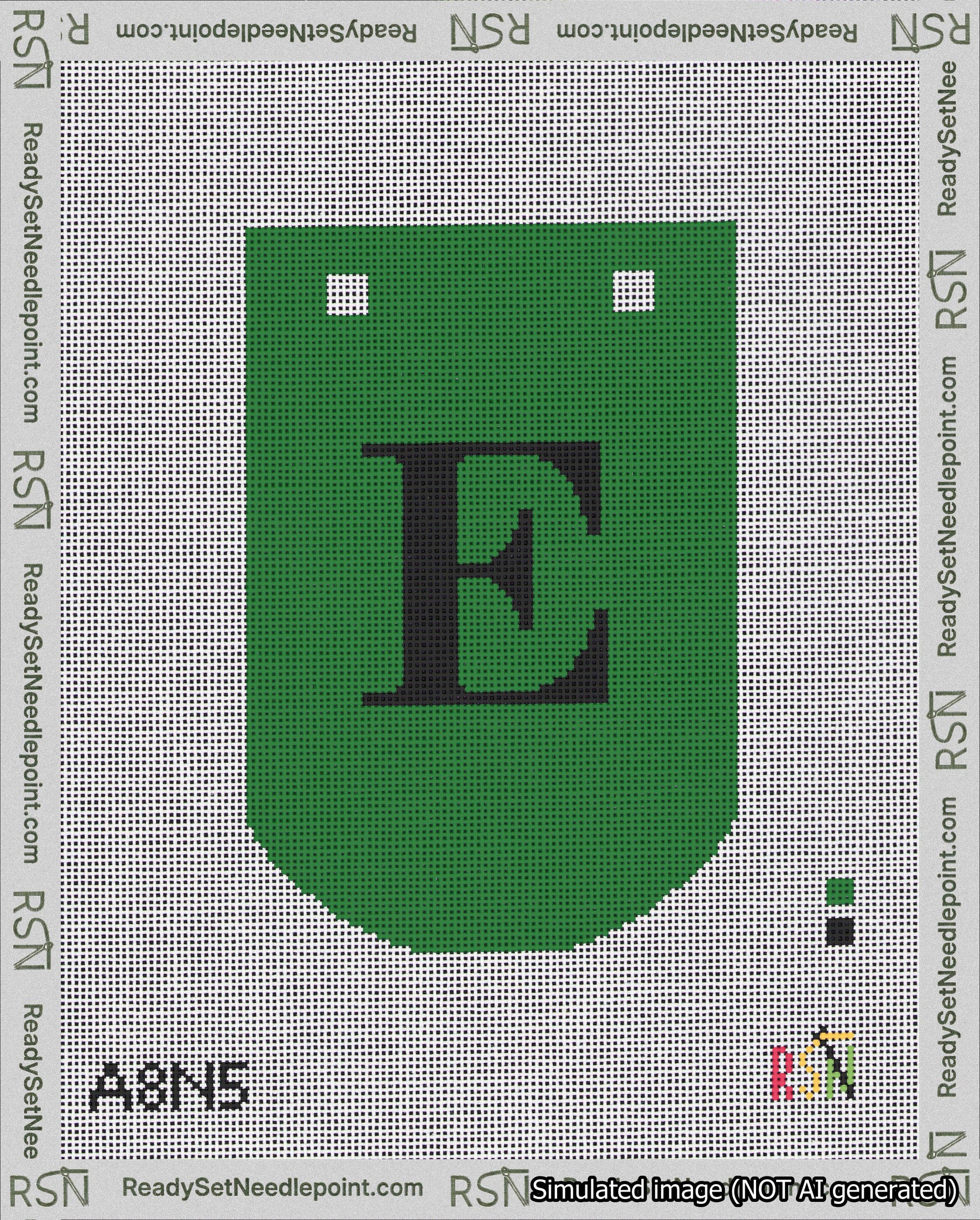 A taped needlepoint canvas with the design: Banner 18 mesh count Curved E Black on Green.