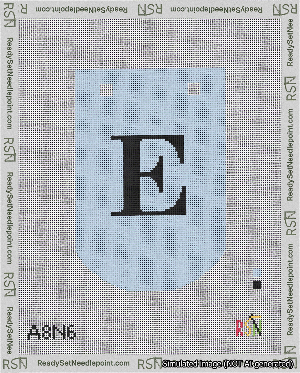 A taped needlepoint canvas with the design: Banner 18 mesh count Curved E Black on Light Blue.