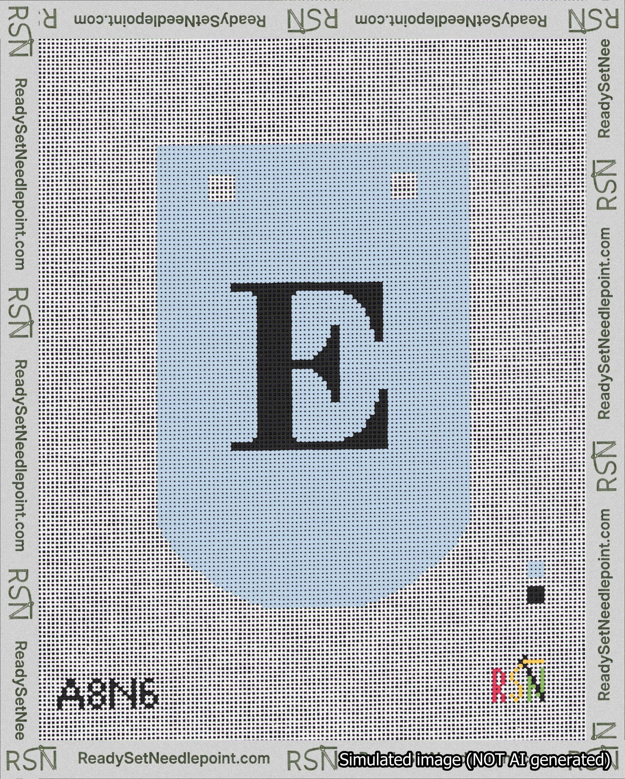 A taped needlepoint canvas with the design: Banner 18 mesh count Curved E Black on Light Blue.