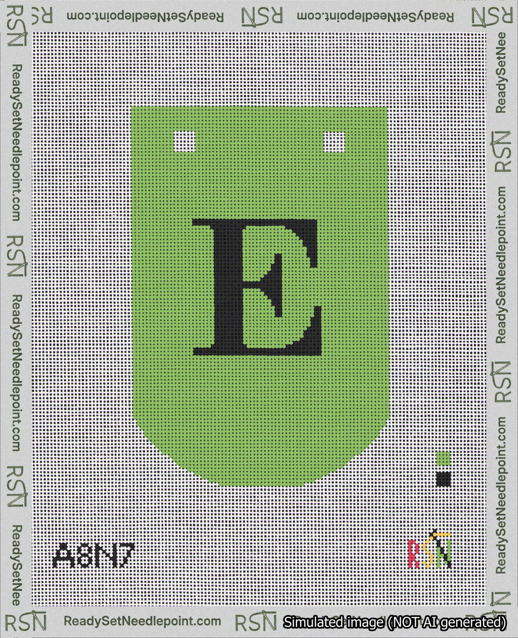 A taped needlepoint canvas with the design: Banner 18 mesh count Curved E Black on Light Green.