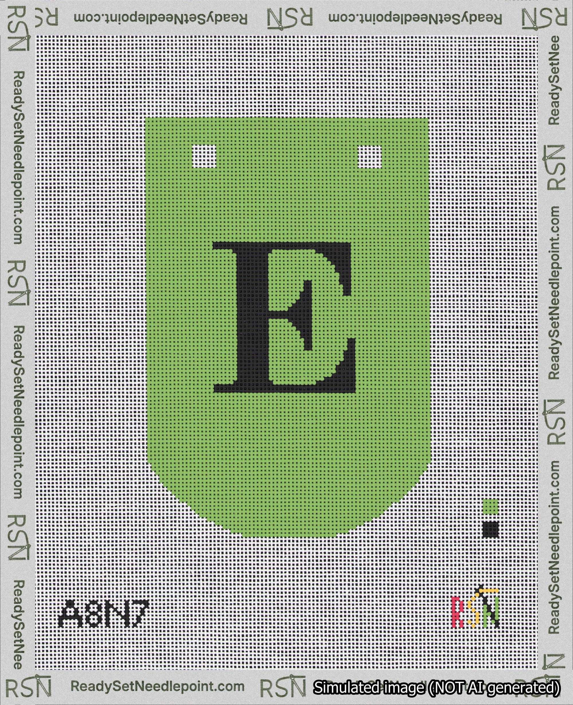 A taped needlepoint canvas with the design: Banner 18 mesh count Curved E Black on Light Green.