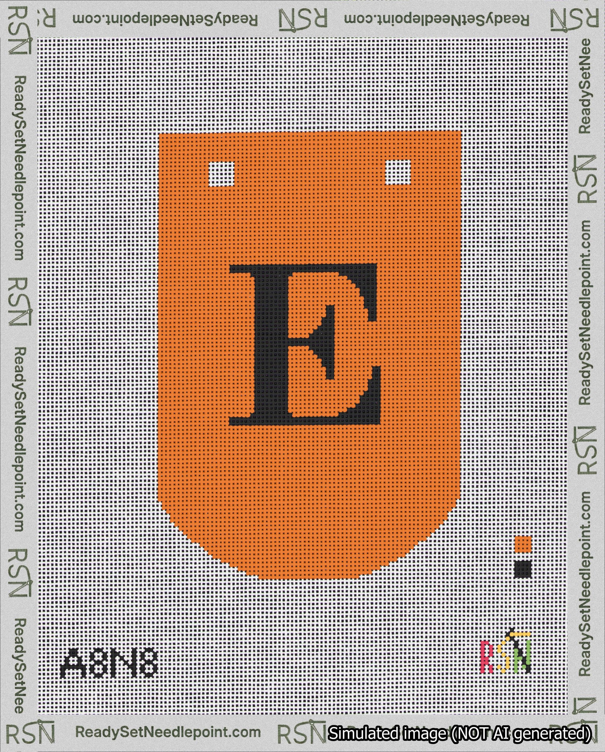 A taped needlepoint canvas with the design: Banner 18 mesh count Curved E Black on Orange.