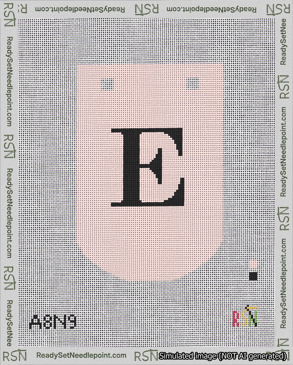 A taped needlepoint canvas with the design: Banner 18 mesh count Curved E Black on Pink.
