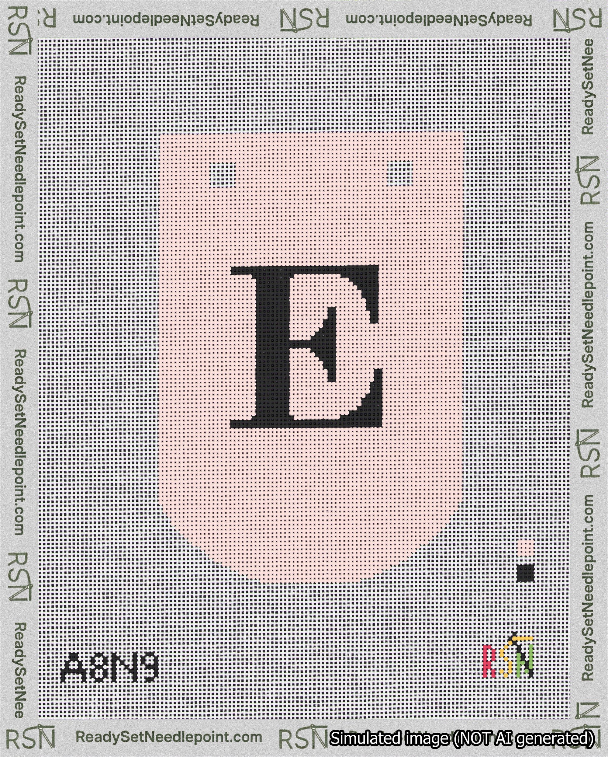 A taped needlepoint canvas with the design: Banner 18 mesh count Curved E Black on Pink.