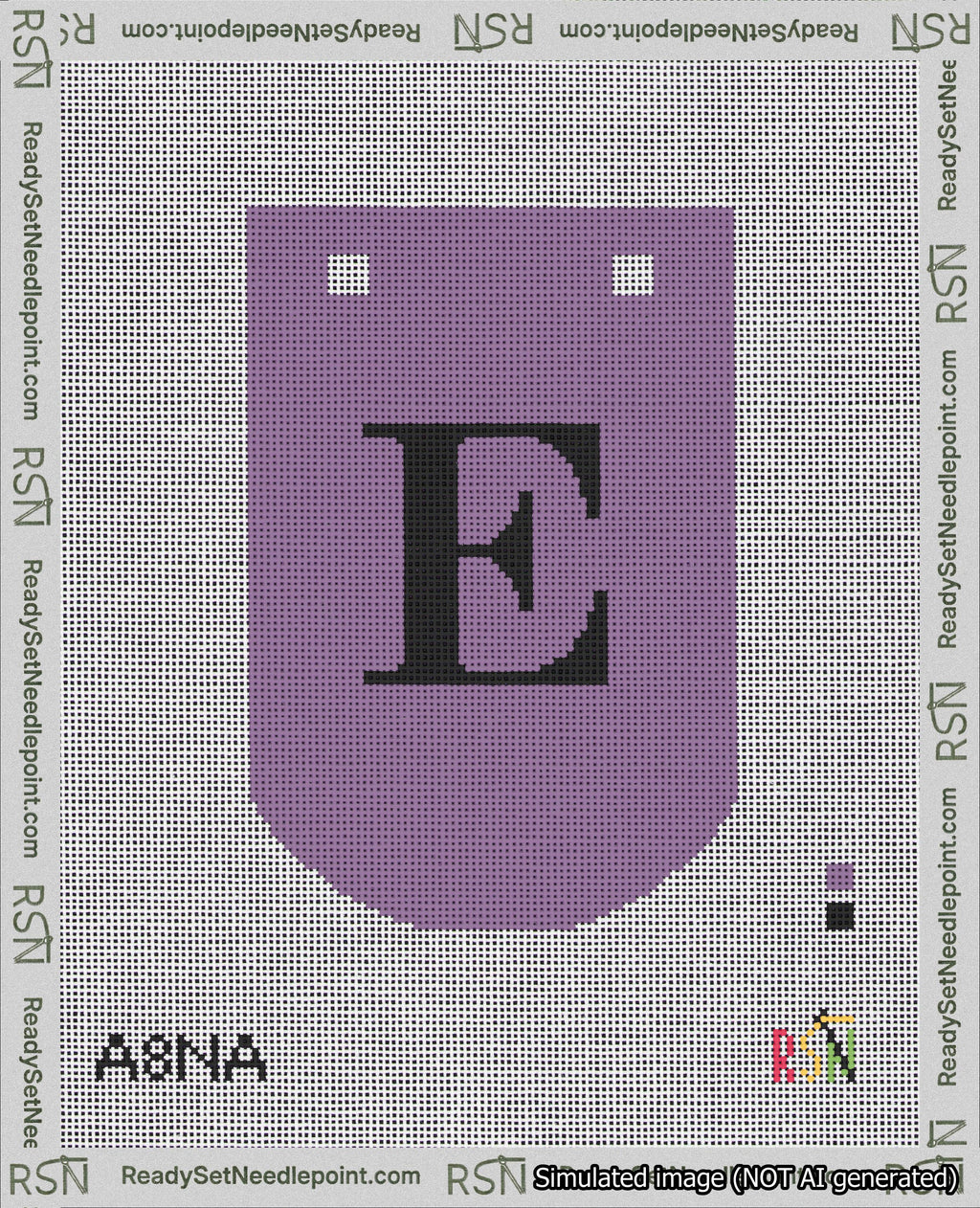 A taped needlepoint canvas with the design: Banner 18 mesh count Curved E Black on Purple.