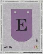 A taped needlepoint canvas with the design: Banner 18 mesh count Curved E Black on Purple.
