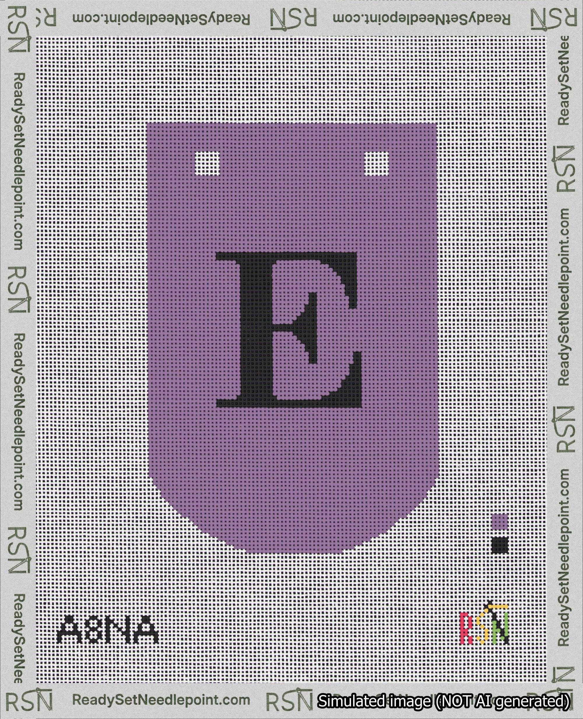 A taped needlepoint canvas with the design: Banner 18 mesh count Curved E Black on Purple.