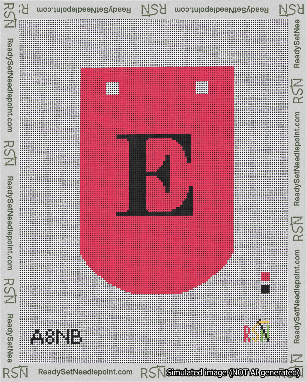 A taped needlepoint canvas with the design: Banner 18 mesh count Curved E Black on Red.