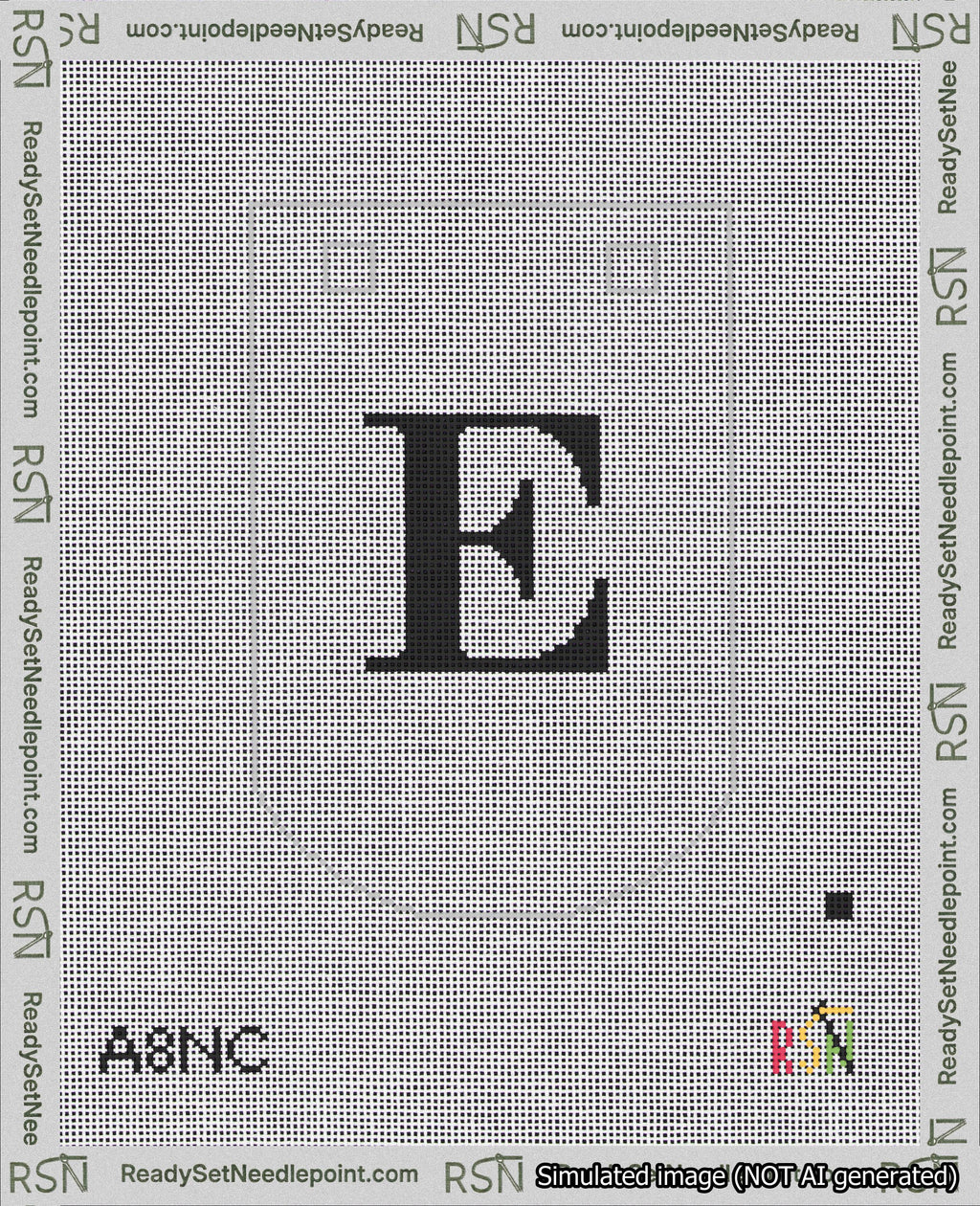A taped needlepoint canvas with the design: Banner 18 mesh count Curved E Black on White.