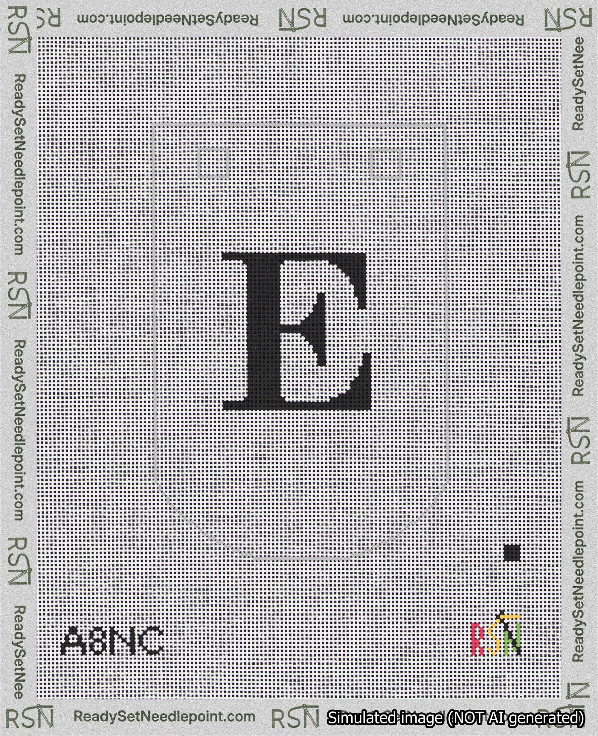 A taped needlepoint canvas with the design: Banner 18 mesh count Curved E Black on White.