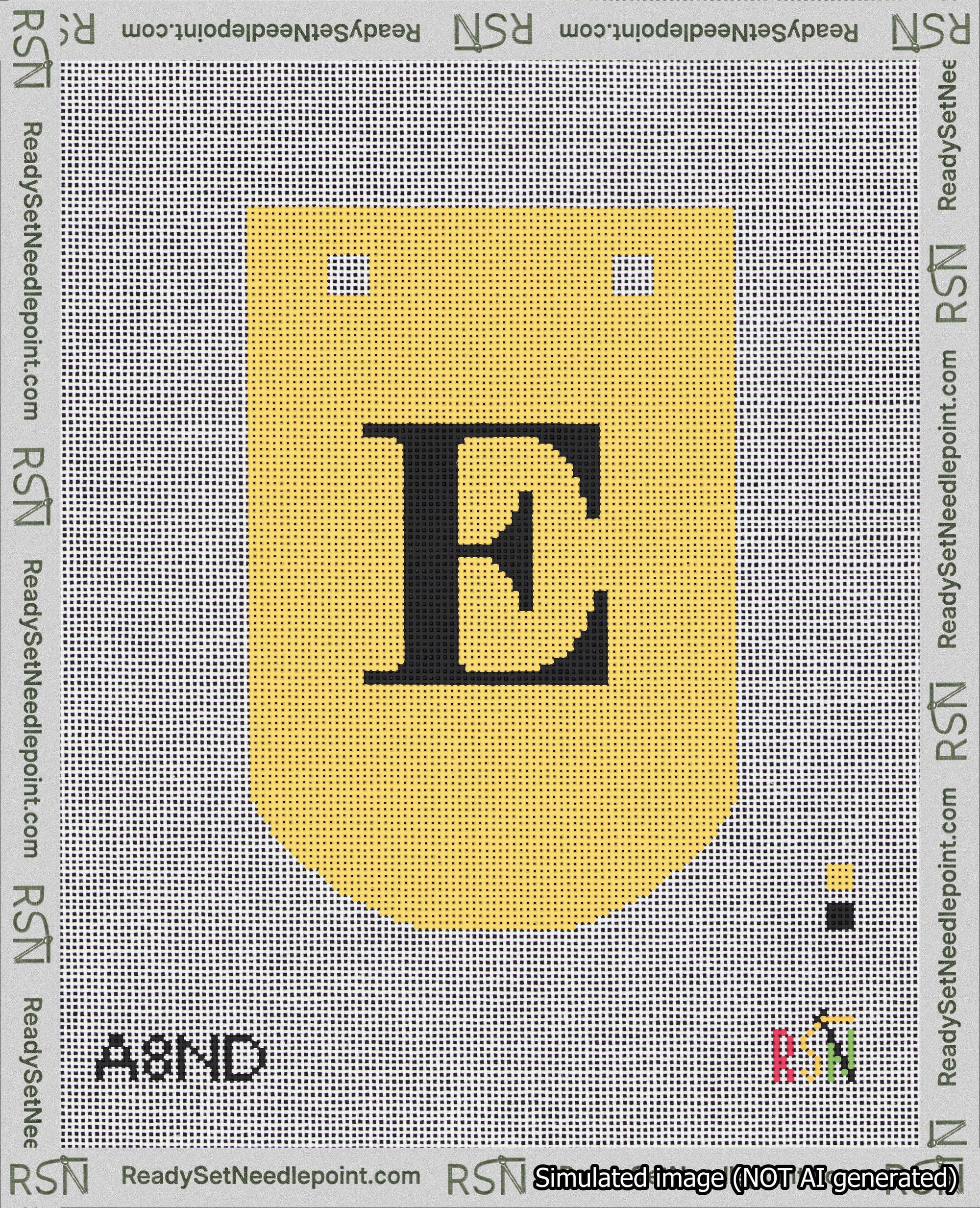 A taped needlepoint canvas with the design: Banner 18 mesh count Curved E Black on Yellow.