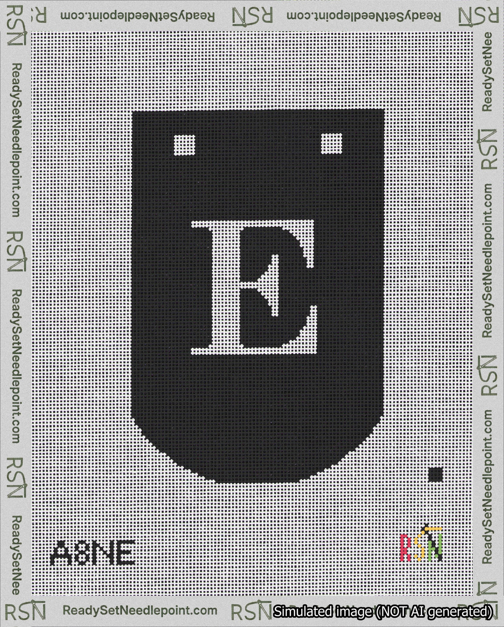 A taped needlepoint canvas with the design: Banner 18 mesh count Curved E White on Black.