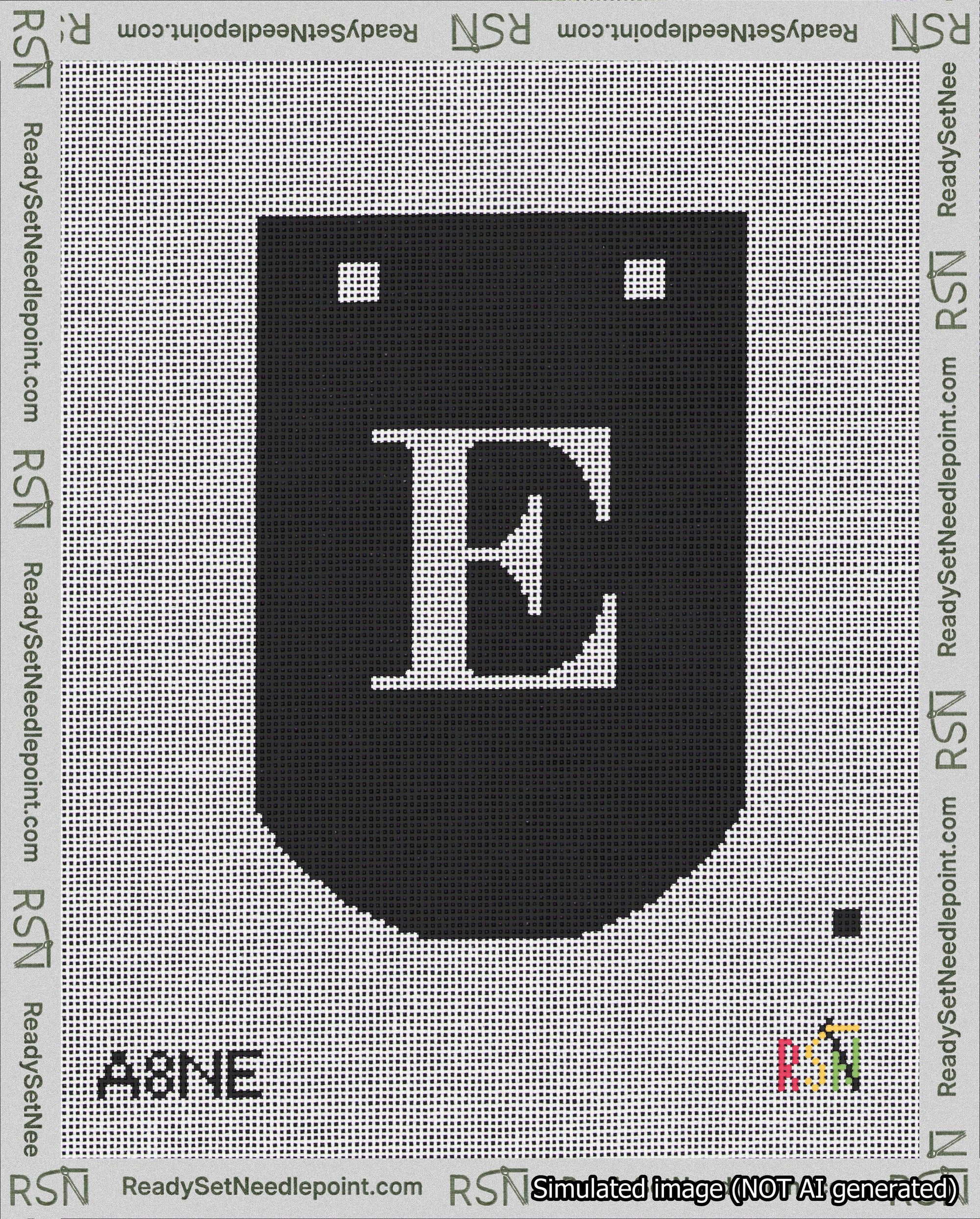 A taped needlepoint canvas with the design: Banner 18 mesh count Curved E White on Black.