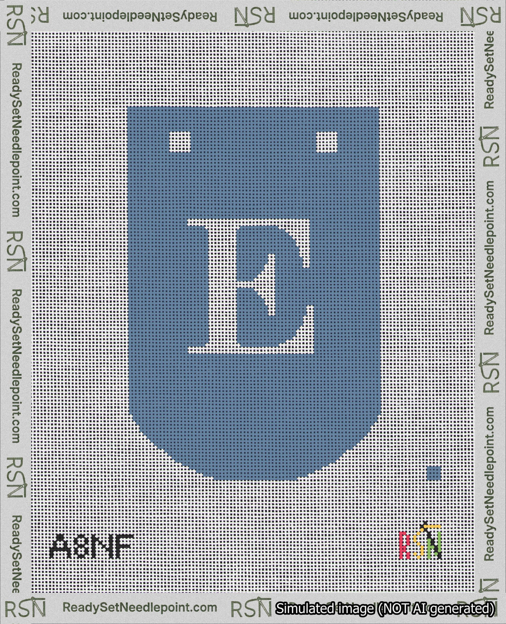 A taped needlepoint canvas with the design: Banner 18 mesh count Curved E White on Blue.
