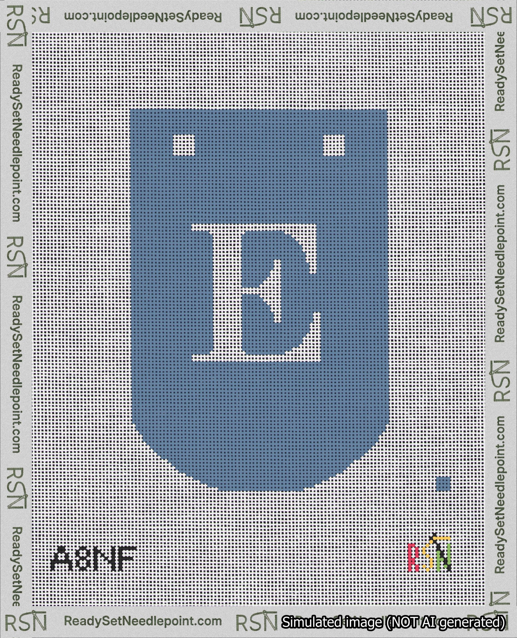A taped needlepoint canvas with the design: Banner 18 mesh count Curved E White on Blue.