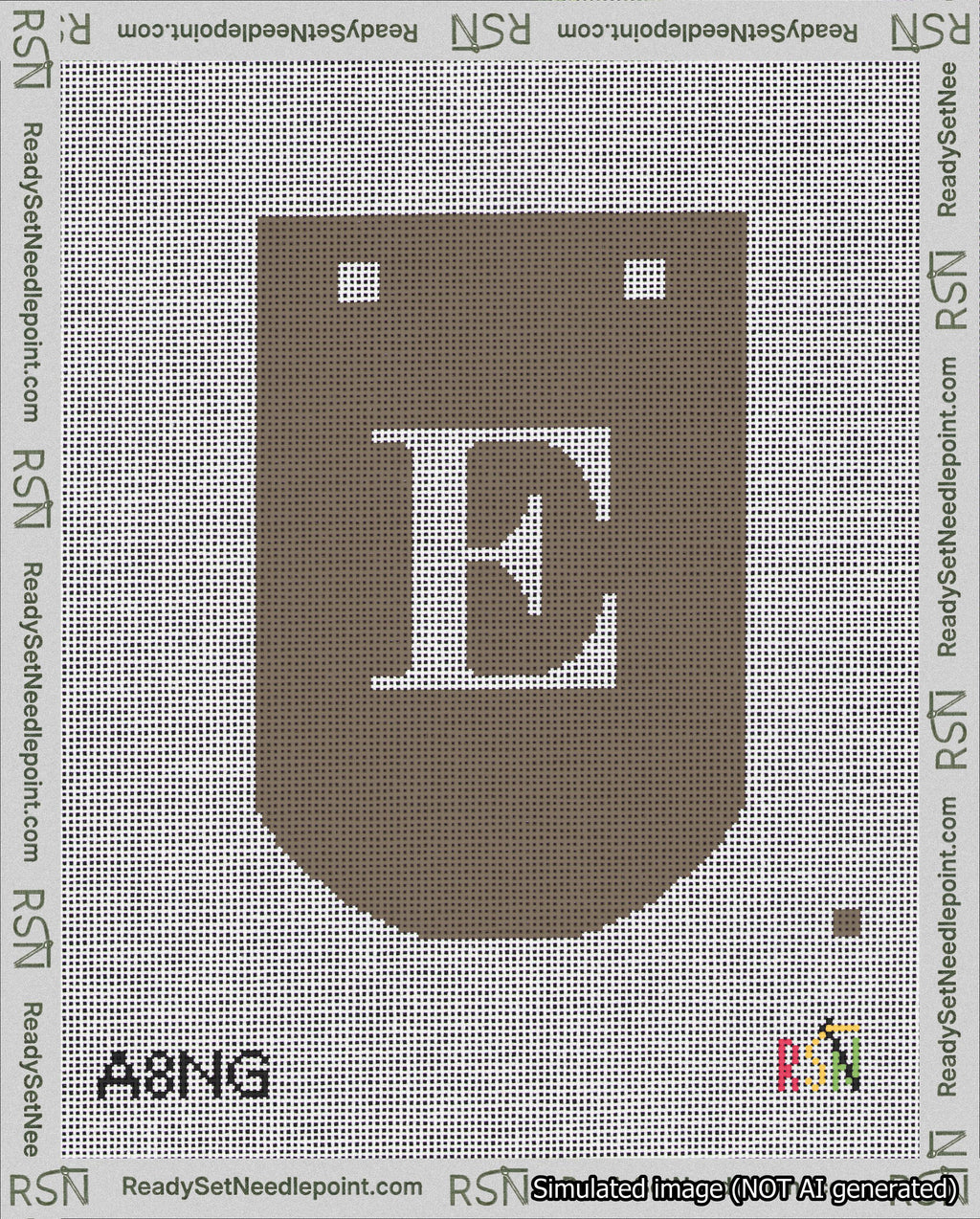 A taped needlepoint canvas with the design: Banner 18 mesh count Curved E White on Brown.