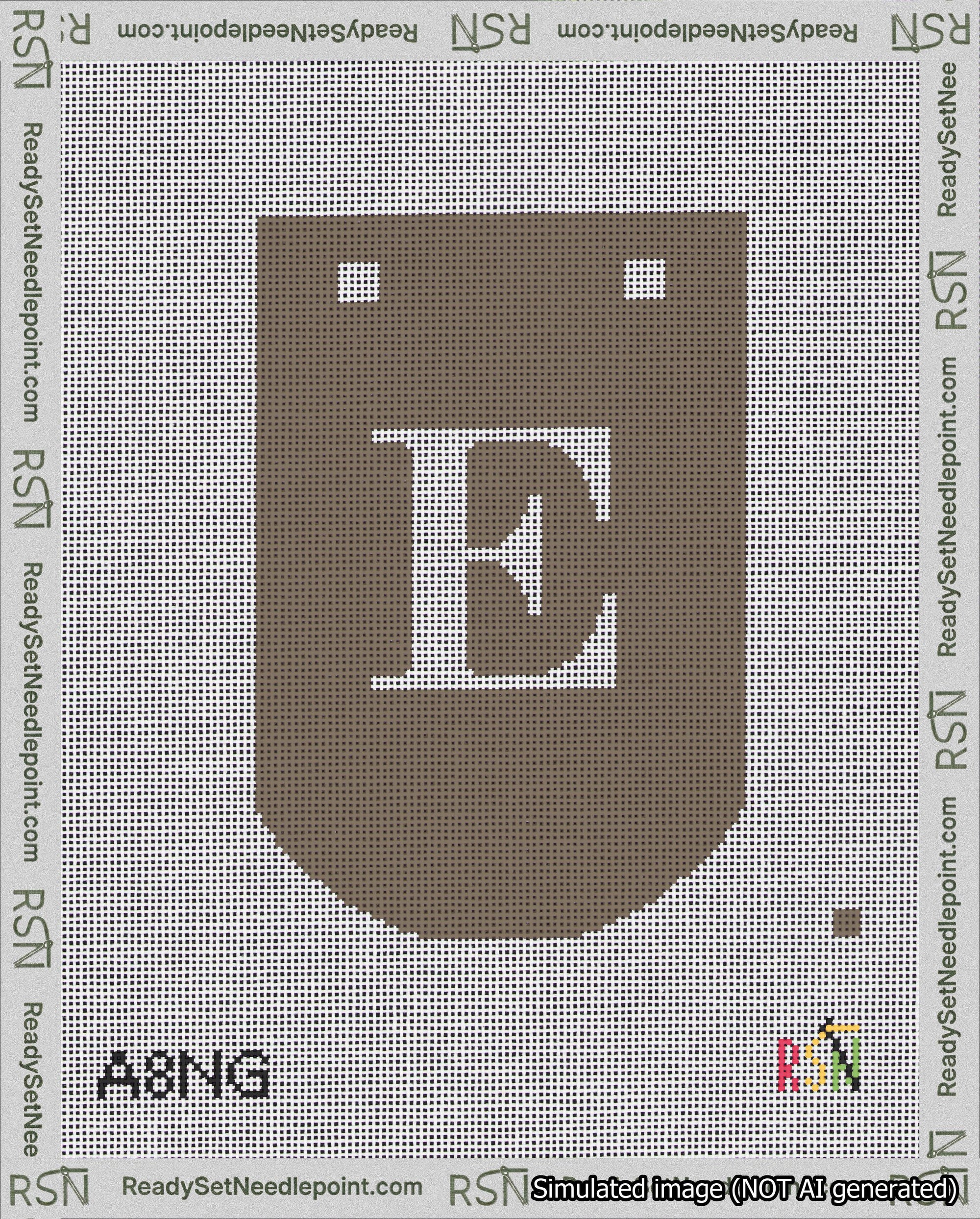 A taped needlepoint canvas with the design: Banner 18 mesh count Curved E White on Brown.