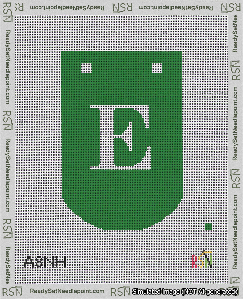 A taped needlepoint canvas with the design: Banner 18 mesh count Curved E White on Green.