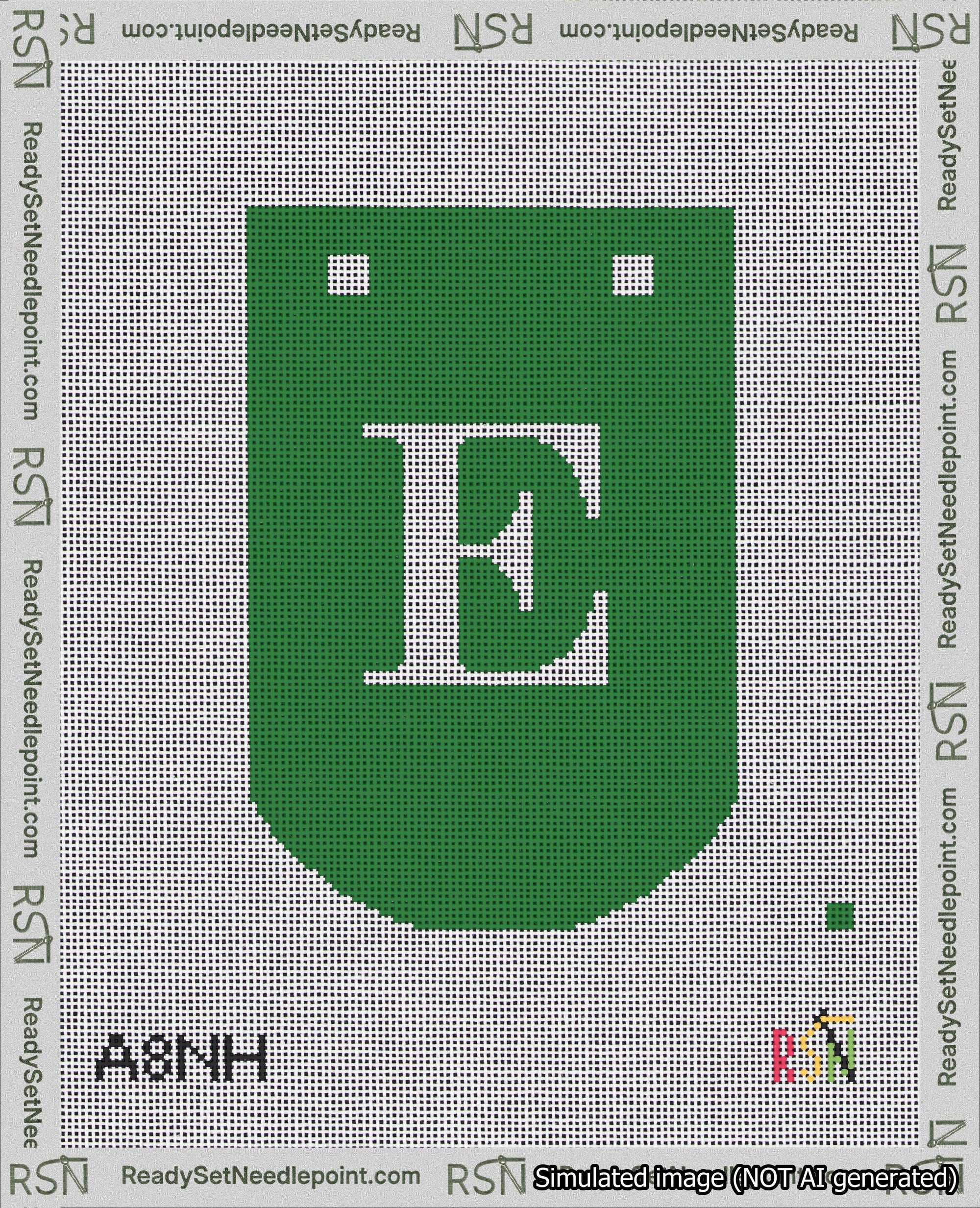 A taped needlepoint canvas with the design: Banner 18 mesh count Curved E White on Green.
