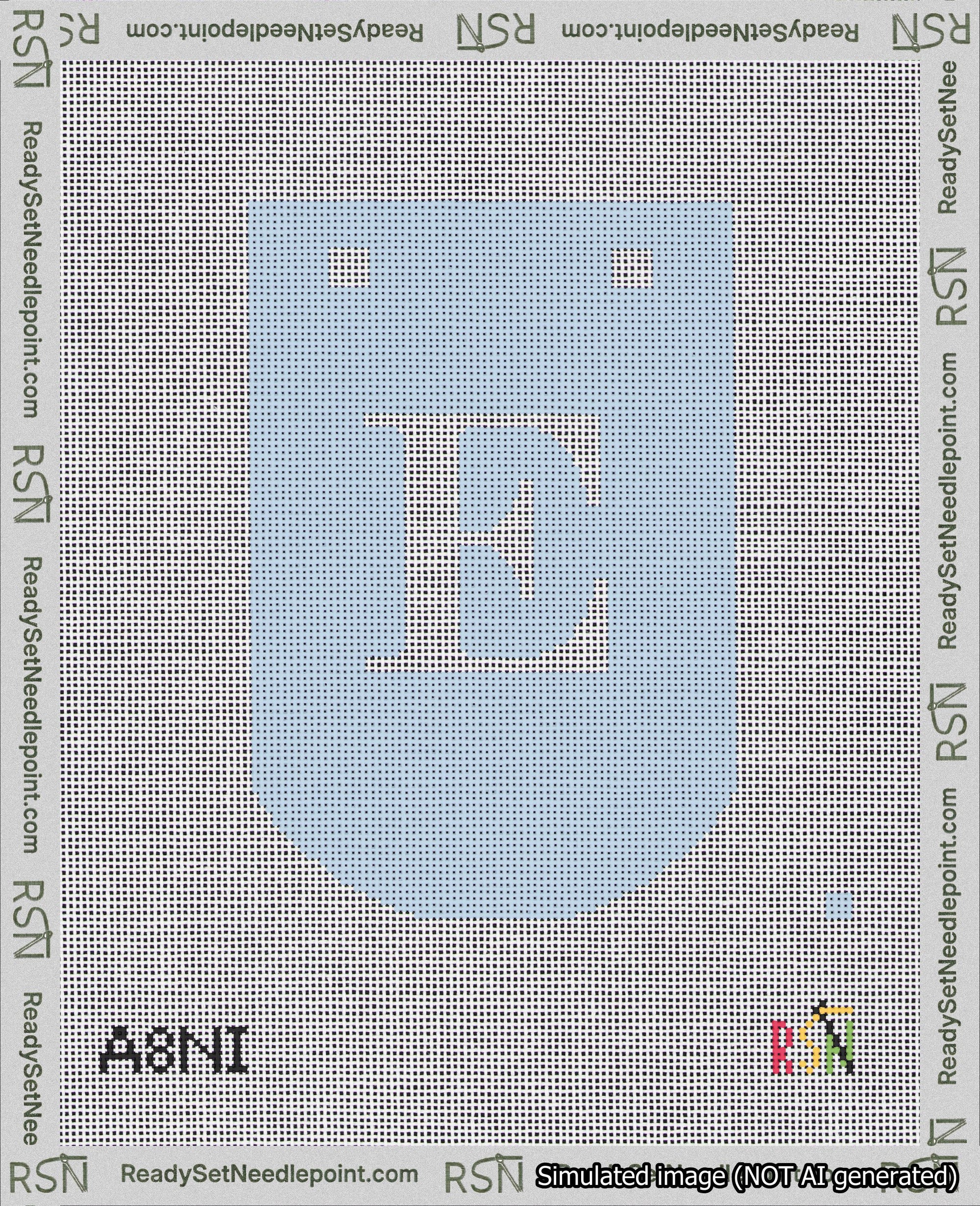 A taped needlepoint canvas with the design: Banner 18 mesh count Curved E White on Light Blue.