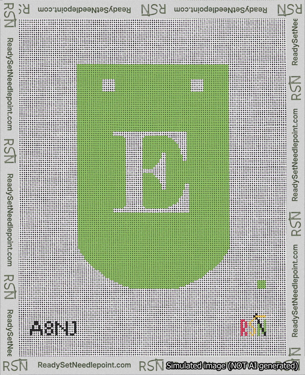 A taped needlepoint canvas with the design: Banner 18 mesh count Curved E White on Light Green.