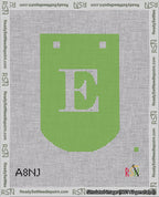 A taped needlepoint canvas with the design: Banner 18 mesh count Curved E White on Light Green.
