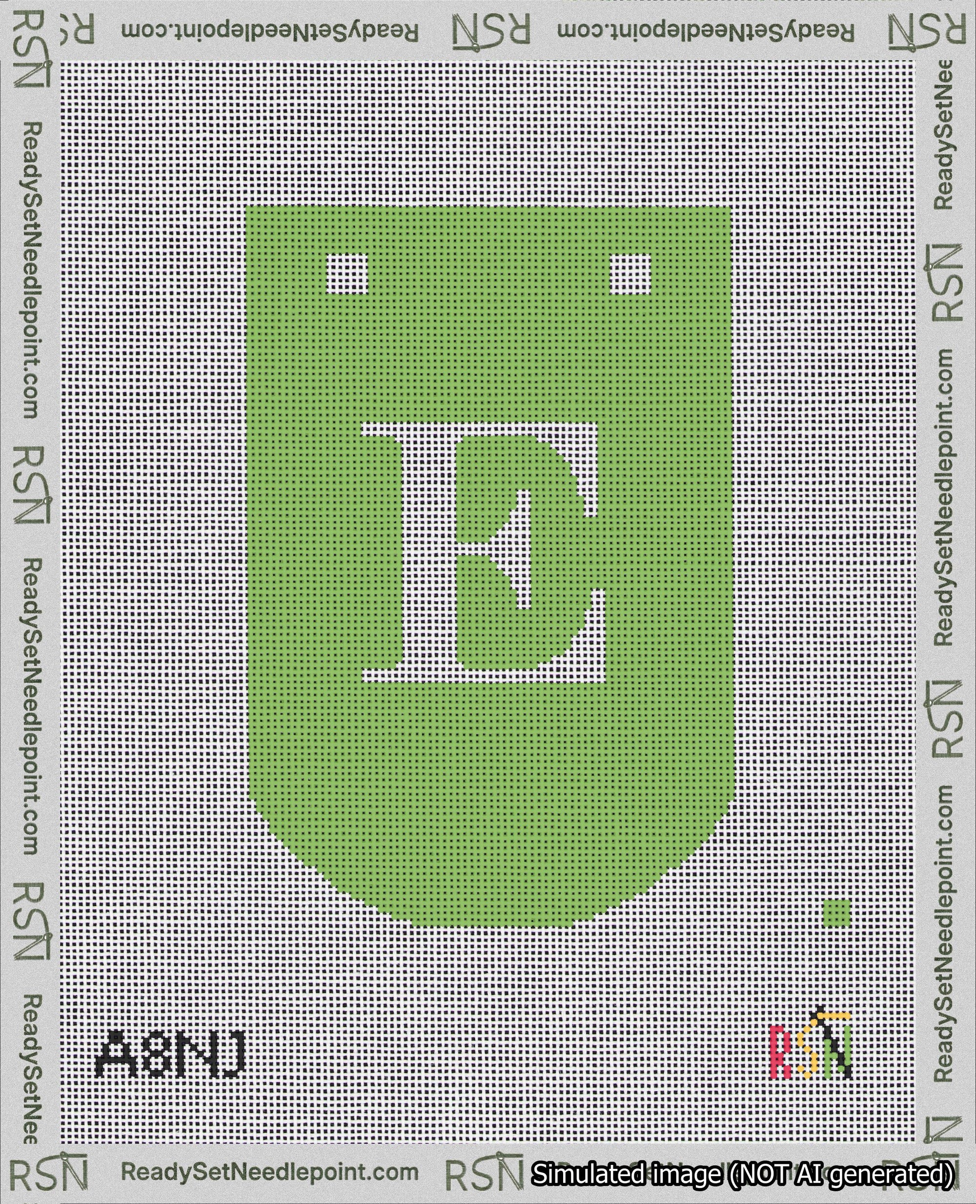 A taped needlepoint canvas with the design: Banner 18 mesh count Curved E White on Light Green.
