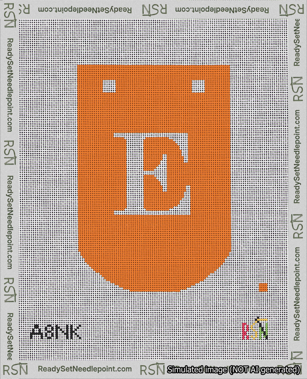 A taped needlepoint canvas with the design: Banner 18 mesh count Curved E White on Orange.