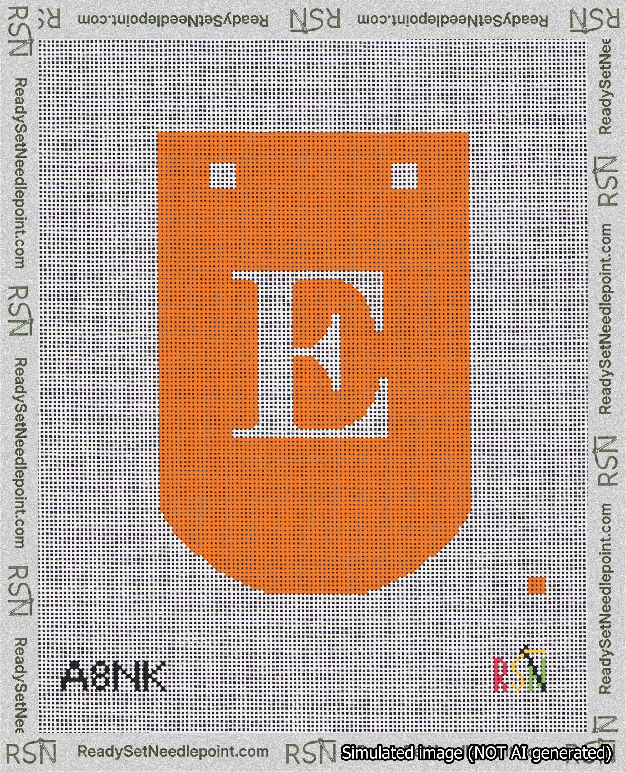 A taped needlepoint canvas with the design: Banner 18 mesh count Curved E White on Orange.