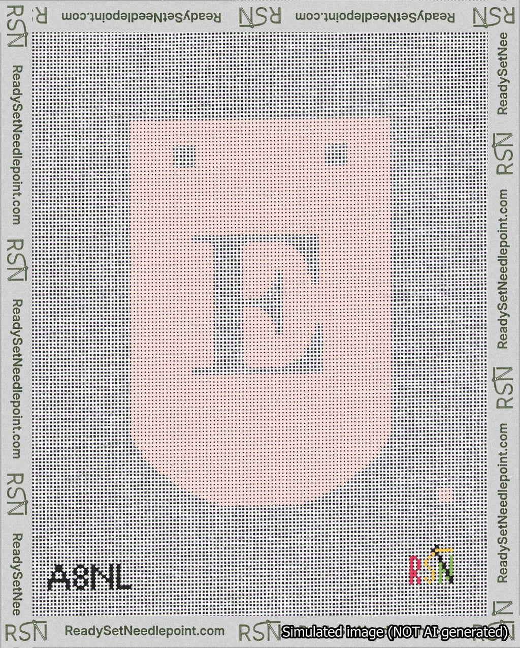 A taped needlepoint canvas with the design: Banner 18 mesh count Curved E White on Pink.
